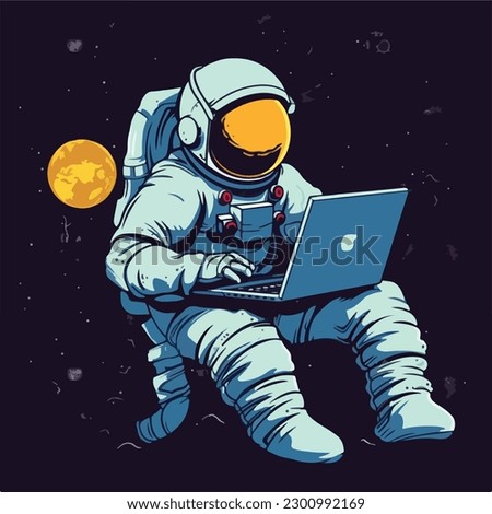 Astronaut in spacesuit working using laptop computer vintage badge logo vector illustration for t shirt and poster design