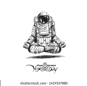 Astronauta en gestos de yoga espacial , Dibujo de boceto de mano.