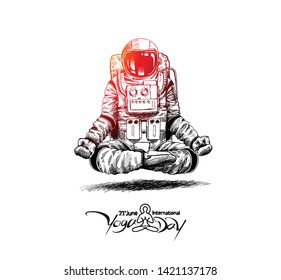Astronaut in spacesuit yoga gestures , Hand Drawn Sketch Vector illustration.
