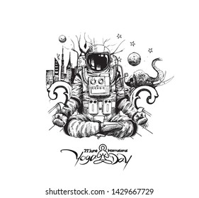 Astronaut in spacesuit yoga gestures , Hand Drawn Sketch Vector illustration.