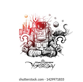 Astronaut in spacesuit yoga gestures , Hand Drawn Sketch Vector illustration.