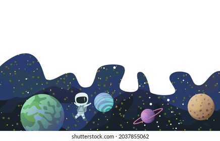 Astronaut in spacesuits. Cosmos background. Border bottom. Childrens illustration. Starry sky landscape. Dark colors. Flat style. Cartoon design. Vector.