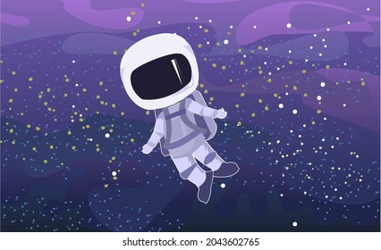 Astronaut in spacesuits. Cosmos background. Childrens illustration. Starry sky landscape. Dark colors. Flat style. Cartoon design. Vector.
