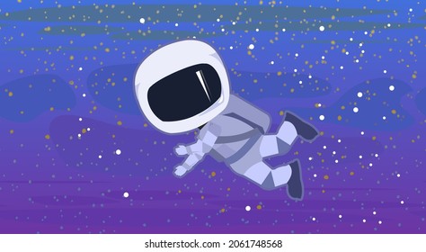 Astronaut in spacesuits. Cosmos background. Childrens illustration. Starry sky landscape. Dark colors. Flat style. Cartoon design. Vector.