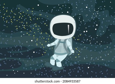 Astronaut in spacesuits. Cosmos background. Childrens illustration. Starry sky landscape. Dark colors. Flat style. Cartoon design. Vector.