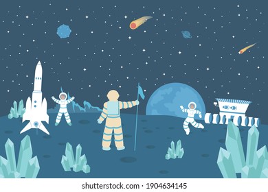 Astronaut in spacesuits on moon surface against starry sky flat background cartoon vector illustration