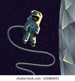 Astronaut spacewalk near the moon. Flat geometric space illustration.