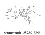 Astronaut Spacewalk One Line Drawing, Planets, Stars, Cosmos
