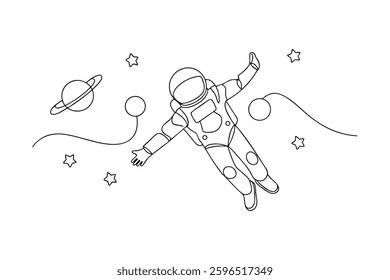 Astronaut Spacewalk One Line Drawing, Planets, Stars, Cosmos