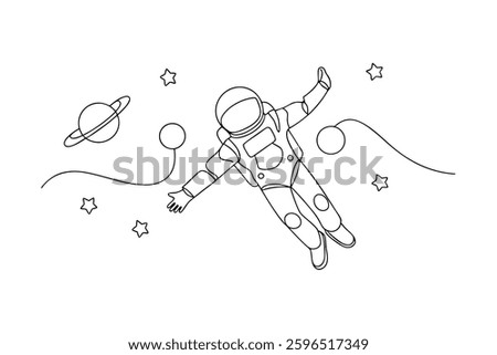 Astronaut Spacewalk One Line Drawing, Planets, Stars, Cosmos