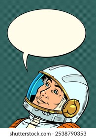 Astronaut speaks into empty cloud. Space offers for business clients. Global internet sales. Pop Art Retro Vector Illustration Kitsch Vintage 50s 60s Style