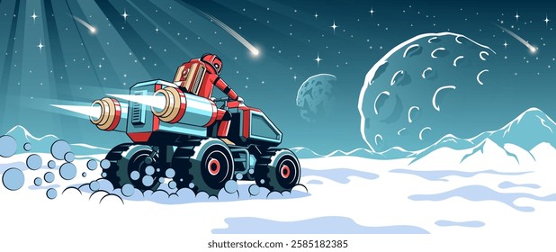 Astronaut speeds across snowy planet landscape in rover. Bright comets streak through sky. Rugged terrain of the alien planet. Vector comics retro style