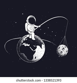 an astronaut spins the moon in orbit of Earth.Space character.Vector illustration