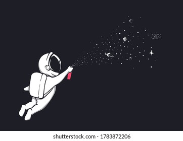 astronaut sprays stars and planets from an aerosol can.Vector illustration