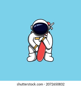 Astronaut squat with hug baseball bat cartoon vector illustration