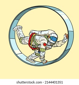 An astronaut in a squirrel wheel. Routine monotonous work. A man in captivity of his affairs. pop art Retro vector Illustration 50s 60s kitsch Vintage style