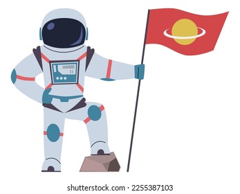 Astronaut stand with flag. Cosmos exploration. Planet discovery