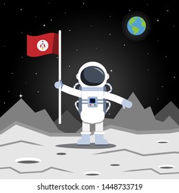 Astronaut stand and hold flag on the moon and far the world..Vector illustration.