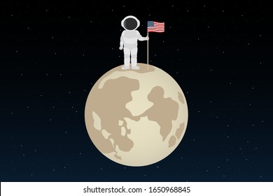 Astronaut stand on moon and hold American flag. Cartoon style. Vector illustration.