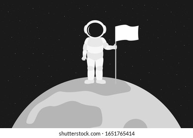 Astronaut stand on moon and hold blank white flag. Cartoon style. Vector illustration.