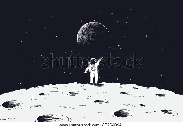 Astronaut stand on surface of Moon and\
welcomes us.Science theme.Vector\
illustration