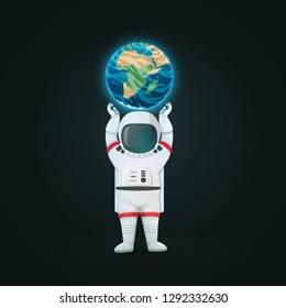 Astronaut standing with arms raised supporting planet Earth isolated on a dark background. Environmental protection, eco concept. Vector poster.