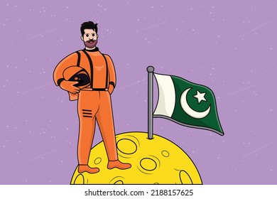 Astronaut standing with flag on moon vector illustration. Science technology icon concept isolated premium vector. 