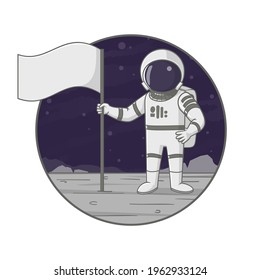 Astronaut standing with a flag on the surface of the Moon. Cartoon illustration. Sign, poster, badge, sticker design. Vector. 