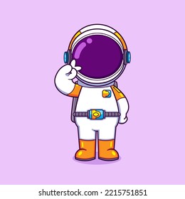 The astronaut is standing and having a cute pose with peace style of illustration