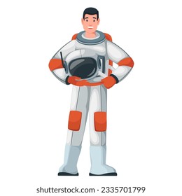 Astronaut standing with helmet in hands vector illustration. Cartoon isolated male captain or pilot character in costume of spacecraft crew, happy man astronaut in uniform for cosmic adventure