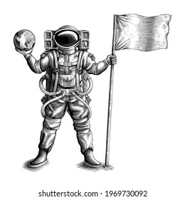The astronaut standing and holding flag and globe hand draw vintage engraving style black and white clip art isolated on white background