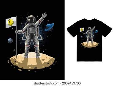 Astronaut standing holding flag on moon illustration with tshirt design premium vector the Concept of Isolated Technology. Flat Cartoon Style Suitable for Landing Web Pages, Banners, Flyers