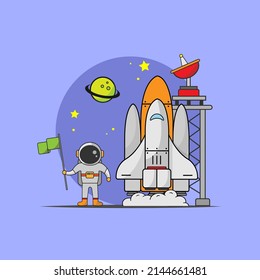 Astronaut Standing Holding Flag with Rocket, Satellite Tower and Planet Space Cartoon. Vector illustration