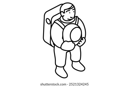 Astronauta de pie sosteniendo el casco Dibujo de línea simple en blanco y negro, ilustración isométrica, Ilustración vectorial