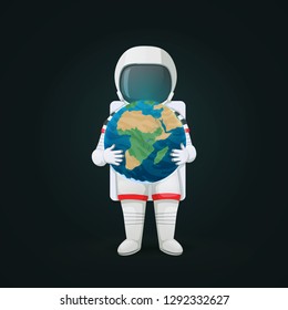 Astronaut standing holding planet Earth in both hands isolated on a dark background. Environmental protection, eco concept. Vector poster.