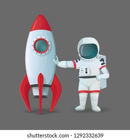 Astronaut standing near the rocketship and touching it with one hand and with other hand akimbo isolated on a gray background. Vector space icon.