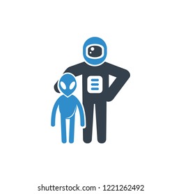 astronaut standing next to alien for extraterrestrial friendship concept