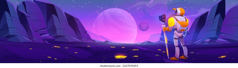 Astronaut standing on alien planet surface. Vector cartoon illustration of space explorer looking at desert landscape with neon yellow particles, stars glowing in sky, cosmic adventure game background