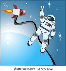 An astronaut standing on blue planet posing peace sign with one hand. A rocket can be seen on the background. Cartoon illustration.