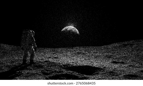 Astronaut standing on the cratered surface of the moon looking at earth planet. Dotwork illustration of spaceman exploring lunar landscape. Concept of space exploration and adventure.