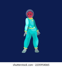 Astronaut standing on dark blue background. Alien character in space suit cartoon illustration. Futuristic, UFO concept