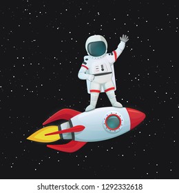 Astronaut Standing On The Flying Rocketship Waving One Hand And The Other Akimbo. Dark Space With Stars In The Background. Space Travelling Vector Poster.