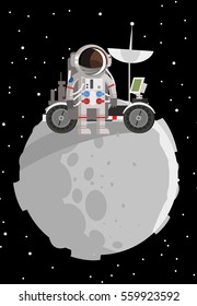 astronaut standing on landrover car on moon rounded surface