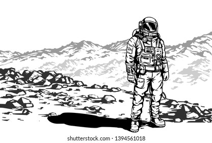 Astronaut standing on Mars. Desert landscape with mountains illustration