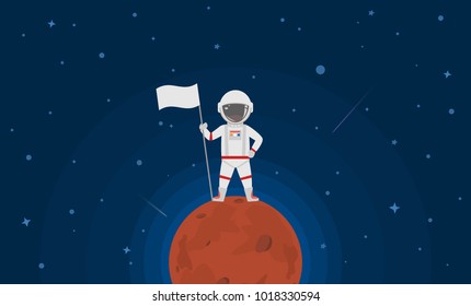 astronaut standing on mars planet with flag