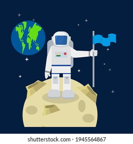 astronaut standing on the moon flat illustration vector graphic