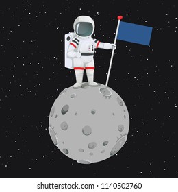 Astronaut standing on the moon holding a flag and giving thumbs up sign. Vector illustration. Dark space with stars on the background.
