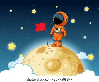 Astronaut standing on moon holding a red flag