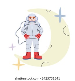 Astronaut standing on moon. Male character in doodle style.