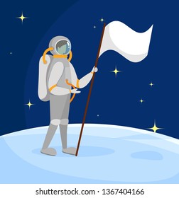 Astronaut Standing on Moon Surface with White Flag in Hand on Starry Dark Blue Sky Background. Outer Space Exploration. Cosmic Adventure, Space Mission and Traveling. Cartoon Flat Vector Illustration.